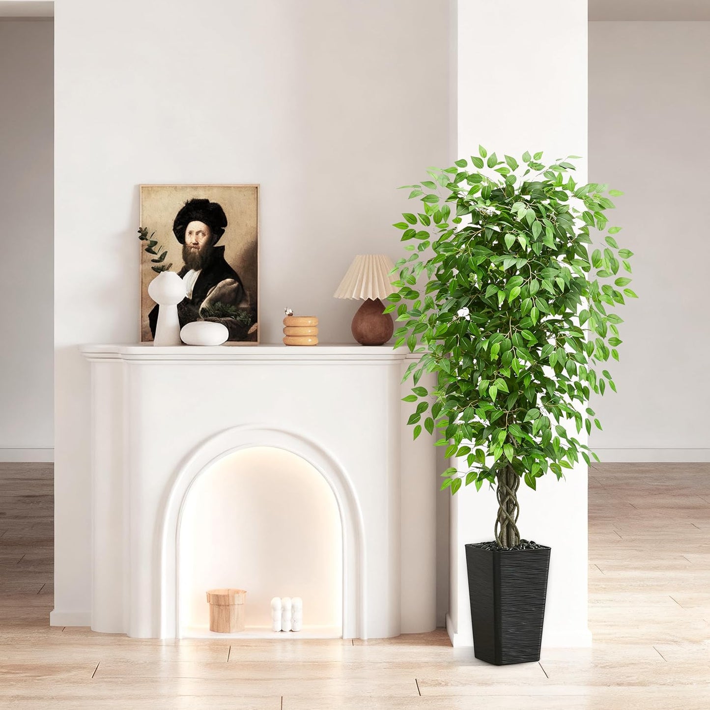Artificial Ficus Tree 6FT Faux Plants Indoor Tall Fake Plants with White Planter, Green Lifelike Lush Fake Ficus Tree for Home Living Room Bedroom Outdoor Balcony House Office Decor