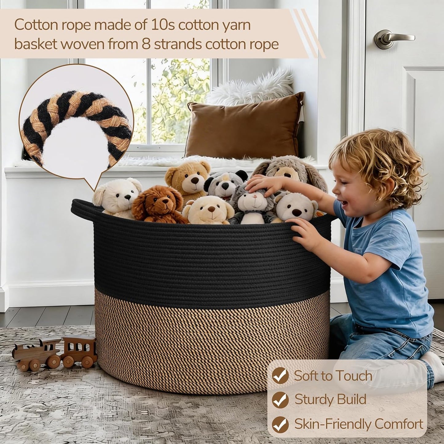 INDRESSME XXXLarge Blanket Basket for Living Room 21.7" x 21.7" x 13.8"-Storage Basket with Handle for Organizing Toy Pillows Woven Cotton Rope Laundry Basket Stuffed Animal Toy Storage for Play Room