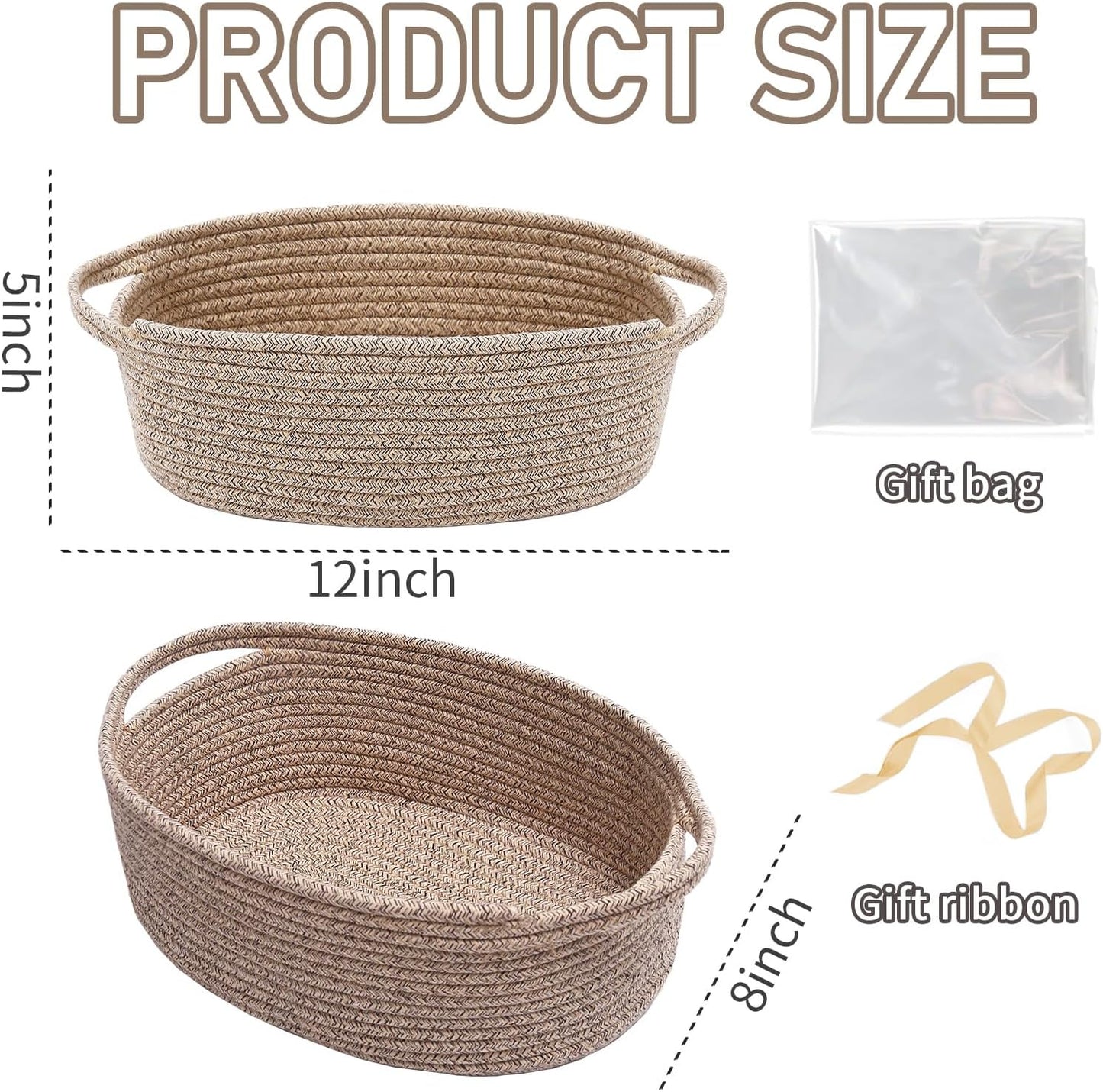 JMvicyroam Woven Basket,Small Rope Storage Bin with Handles & Ribbon Bag, Organizer for Shelves Closets,Gift Basket Empty for Birthday,Books,Dog Toys,White
