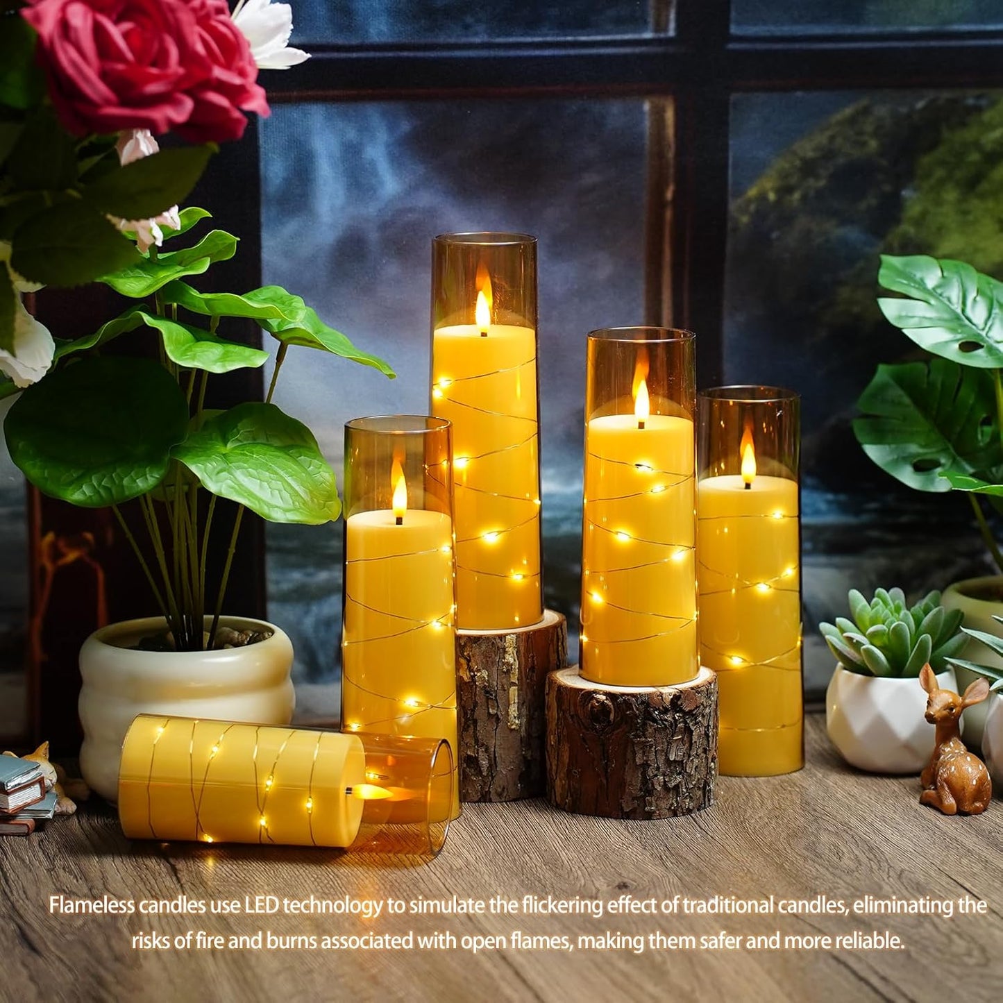 Nimiko Flickering Flameless LED Candles, 9 Pcs with Embedded Star String, Acrylic LED Pillar Candles with Remote, Suitable for Home Decoration (White)