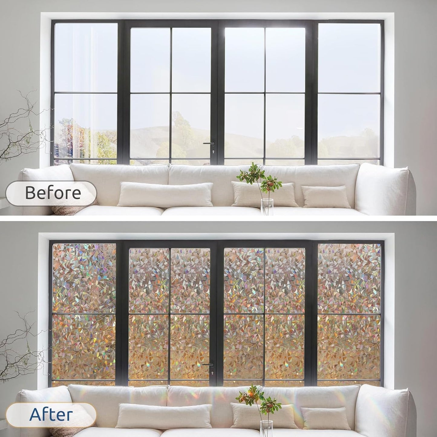 rabbitgoo Window Privacy Film Rainbow Film Decorative Window Sticker, 3D Static Stained Glass Cling Tint for Home Heat Control Non-Adhesive, 17.5 x 78.7 inches