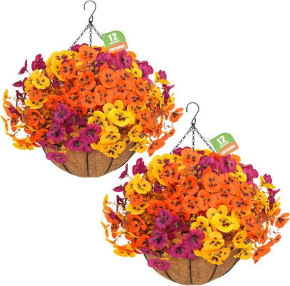 2 Set Artificial Hanging Flowers with Basket for Outdoor Spring Summer Decor, 2 Hanging Planters with 24 Pcs Silk Daisy Flowers for Garden Porch Patio Balcony Decoration