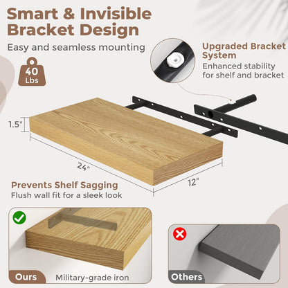 72 Inch Long Floating Shelves for Wall Set of 2, 12"D Wood Grain Bathroom Shelves with Invisible Brackets, Easy Install Engineered Wood Storage Shelves for Kitchen, Living Room, Bedroom, Black Finish