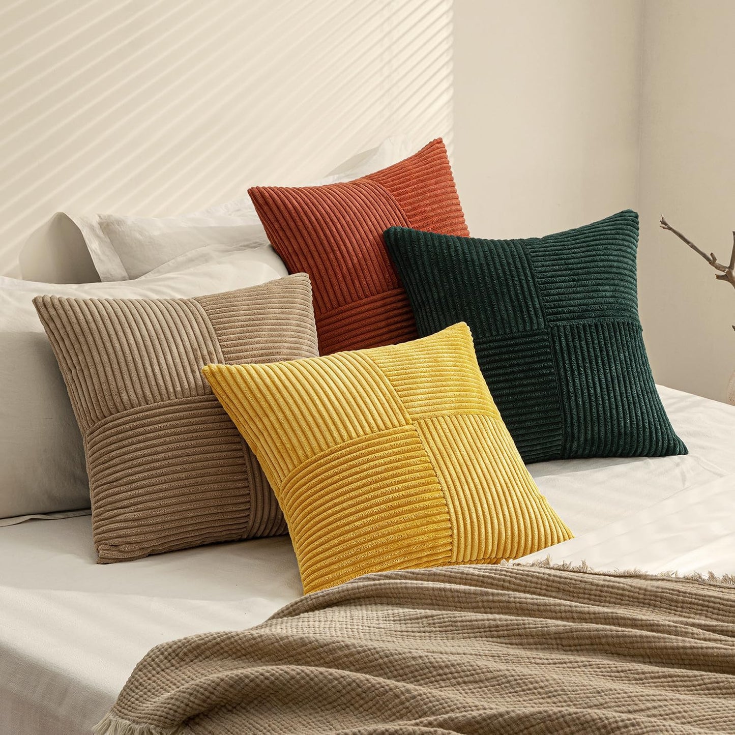MIULEE Teal Orange Decorative Throw Pillow Covers 18x18 Inch Set of 4 Boho Corduroy Striped Cushion Cases Modern Farmhouse Patchwork Pillow Cases for Couch Sofa Bedroom Home Decor
