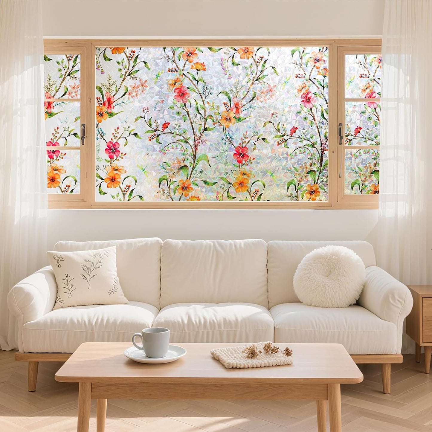 LEMON CLOUD Window Film, Decorative Window Privacy Film, 3D Stained Glass Window Sticker,Anti-UV Sun Blocker Heat Control for Home(Rainbow Tulip Design,17.5 x 78.7 inches)
