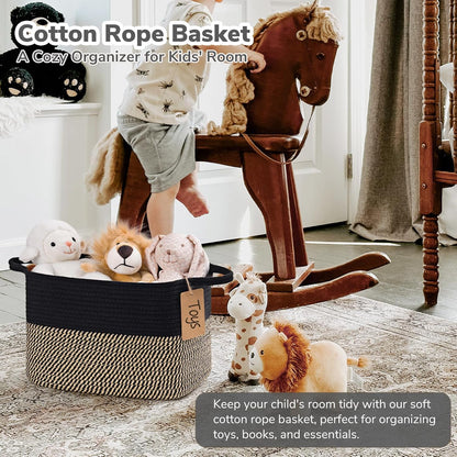 Goodpick Woven Storage Basket, Cotton Rope Basket for Dog Toys, Books, Stylish Gift Basket with Handles, 13 x 10 x 9 Inches Square Baskets for Organizing, Brown and White