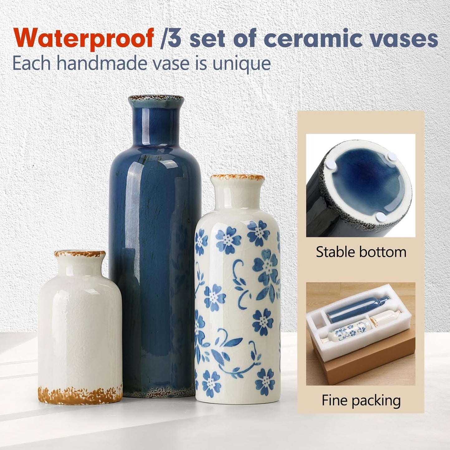 Modern Ceramic Vase Set of 5, Vases Home Decor Rustic Farmhouse Decorative Vase Pottery Vases for Bouquet Pampas Grass Dried Fresh Flowers, Table Living Room Kitchen Bedroom