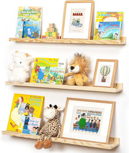 FLYJOE Picture Ledge Shelf, Floating Shelves Set of 2, Solid Pine Wood 55'' Long Large Nursery Book Shelves for Toys Storage, Kids Bookshelf for Living Room Bedroom Decor Books Photo Frames, Walnut