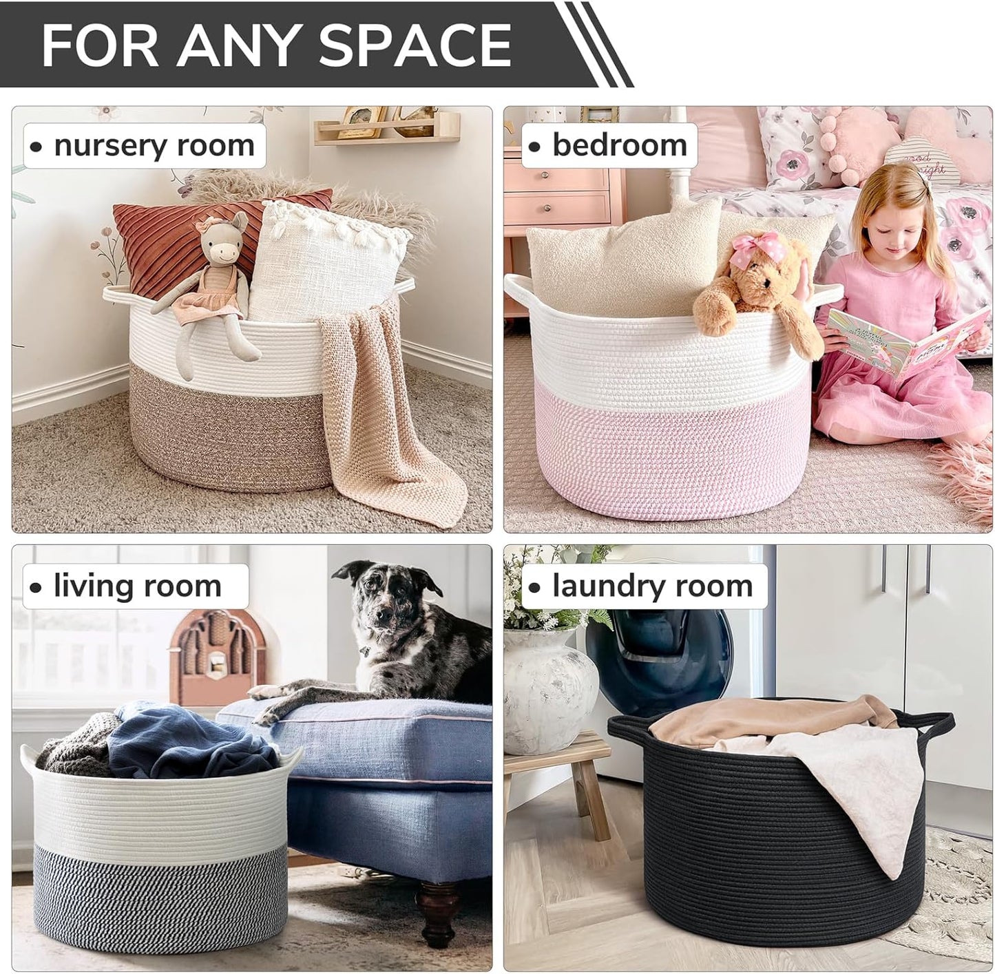 INDRESSME XXXLarge Blanket Basket for Living Room 21.7" x 21.7" x 13.8"-Storage Basket with Handle for Organizing Toy Pillows Woven Cotton Rope Laundry Basket Stuffed Animal Toy Storage for Play Room