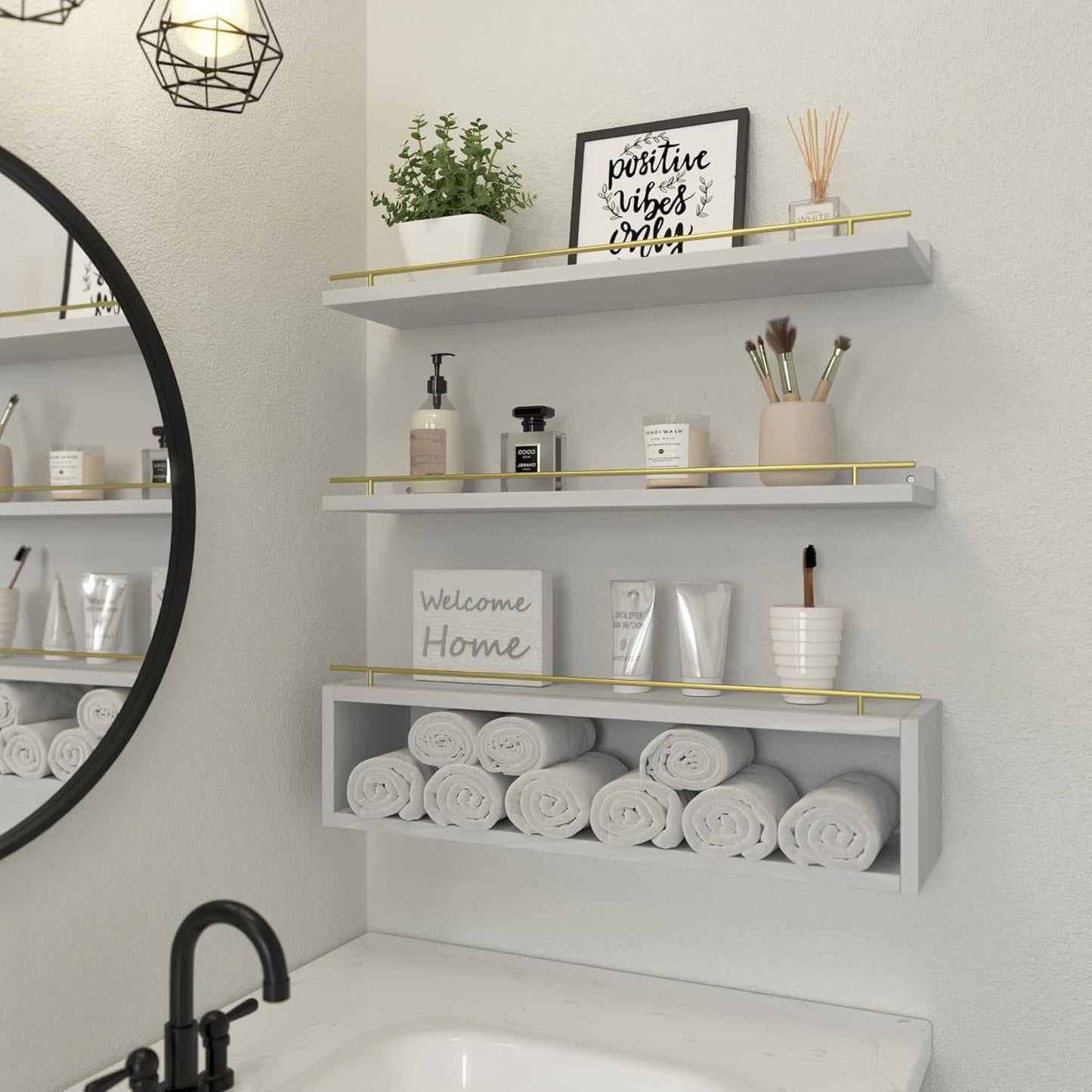WOPITUES Floating Shelves for Wall with Cube Shelf, Wall Shelves with Metal Rail for Bathroom Decor, Bathroom Organizers and Storage, Over Toilet Shelves for Toilet Paper-Black