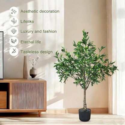 Artificial Olive Trees Indoor Outdoor,3.6FT Faux Olive Trees Potted Artificial Plants,Fake Olive Tree with Planter Realistic Fruits,Natural Wood Trunk Leaves Tree for Home Office Garden Living Room