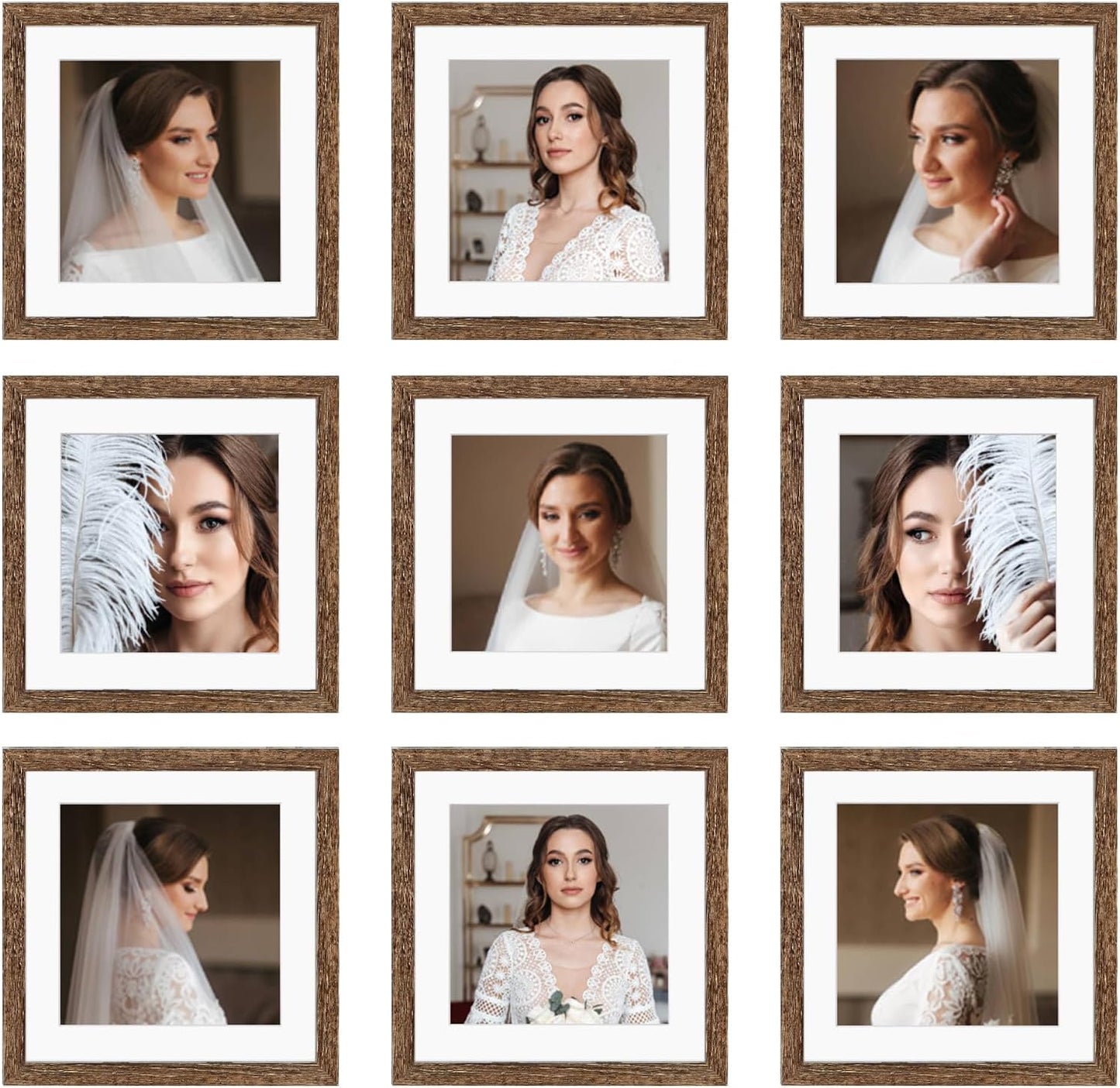 12x12 Picture Frame Set of 9, Display Pictures 8x8 with Mat or 12x12 without Mat, Multi Collage Gallery Square Photo Frames for Wall or Tabletop, Black