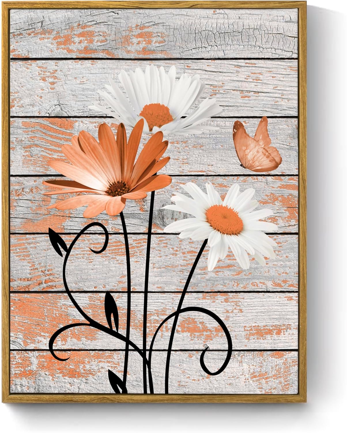 HVEST Farmhouse Floral Wall Art for Living Room, Blue and White Daisy Flower and Butterfly on Rustic Wood Board Canvas Wall Art Framed Artwork Ready to Hang for Bathroom Bedroom Decor, 16L X 12W