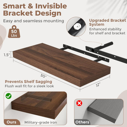 72 Inch Long Floating Shelves for Wall Set of 2, 12"D Wood Grain Bathroom Shelves with Invisible Brackets, Easy Install Engineered Wood Storage Shelves for Kitchen, Living Room, Bedroom, Black Finish