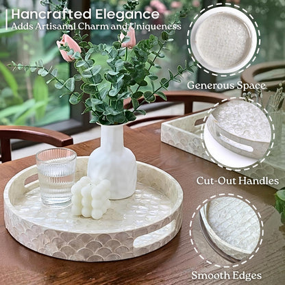 CHI AN HOME Capiz Decorative Tray 15.8” x 11.8” x 1.8" Rectangular Tray, Natural Handmade Serving Tray with Handles for Coffee Tables, Ottoman, Vanity, Kitchen, Coastal Boho Home Decor, White