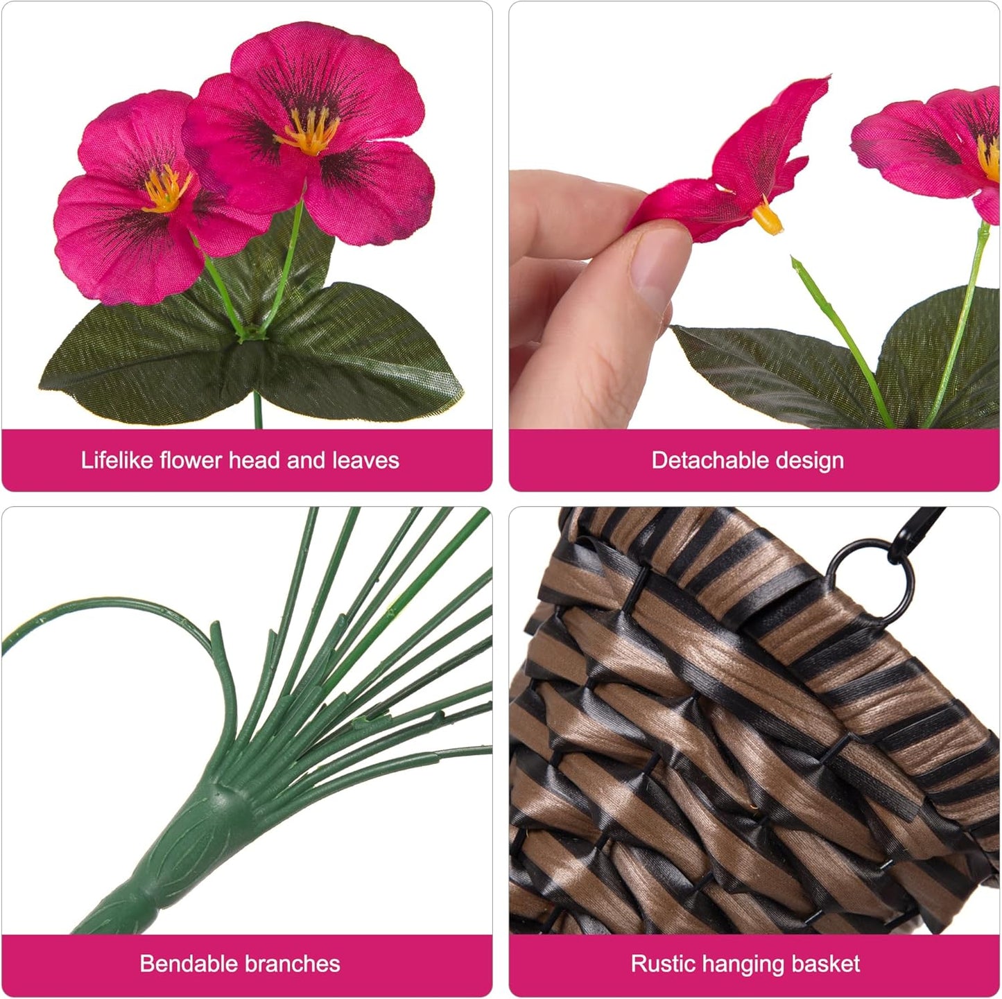 HyeFlora Artificial Flowers for Outdoors, 2pcs Faux Silk Pansies Flowers UV Resistant Fake Hanging Flower Plants for Outside Planters Porch Yard Patio Window Box (Mix Purple)