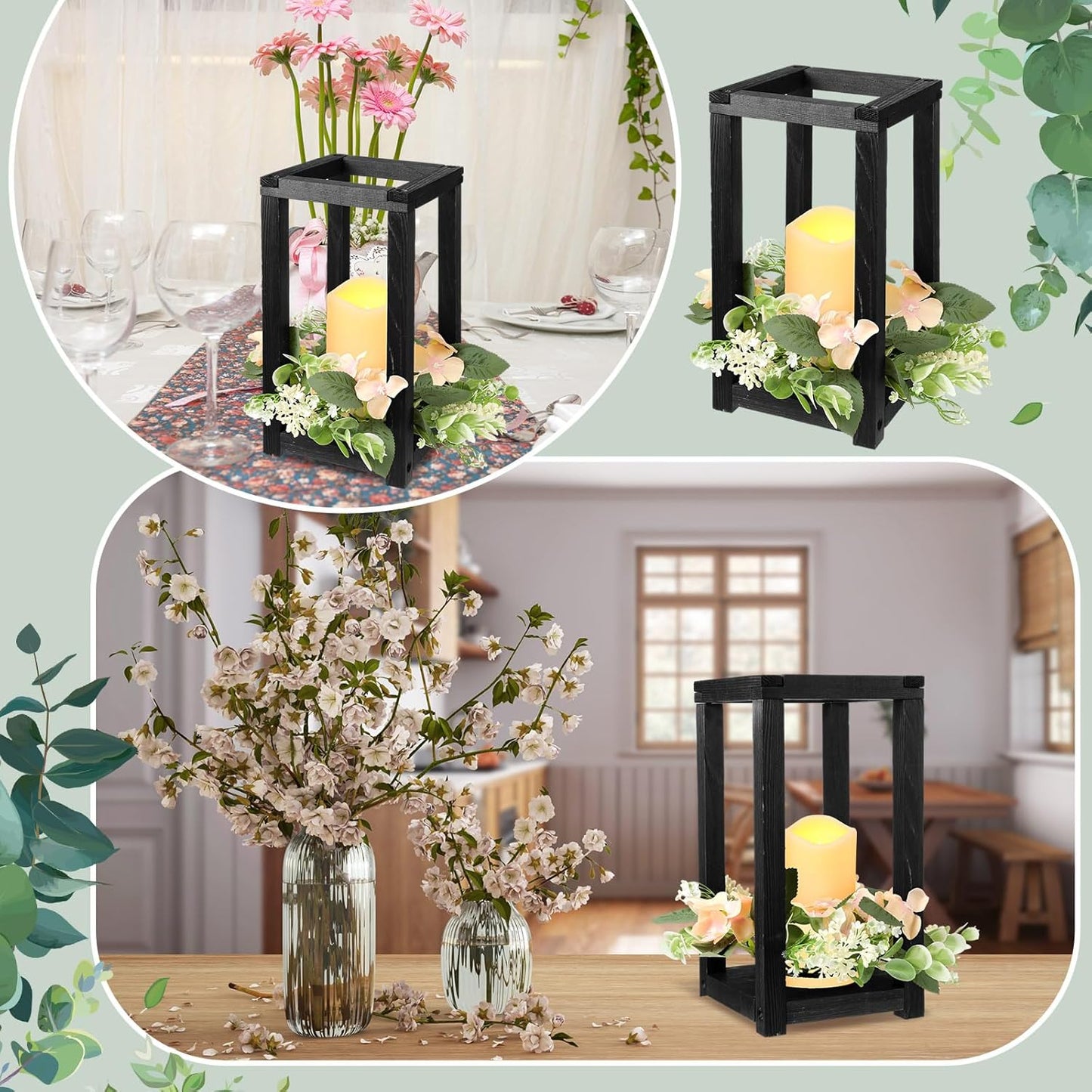 Hushee 30 Pcs Wooden Wedding Lantern Centerpiece Integrated Holders with Candles and Wreaths Rustic Wooden Candle Lantern Decor for Wedding Party Table Valentine Decor (Yellow)