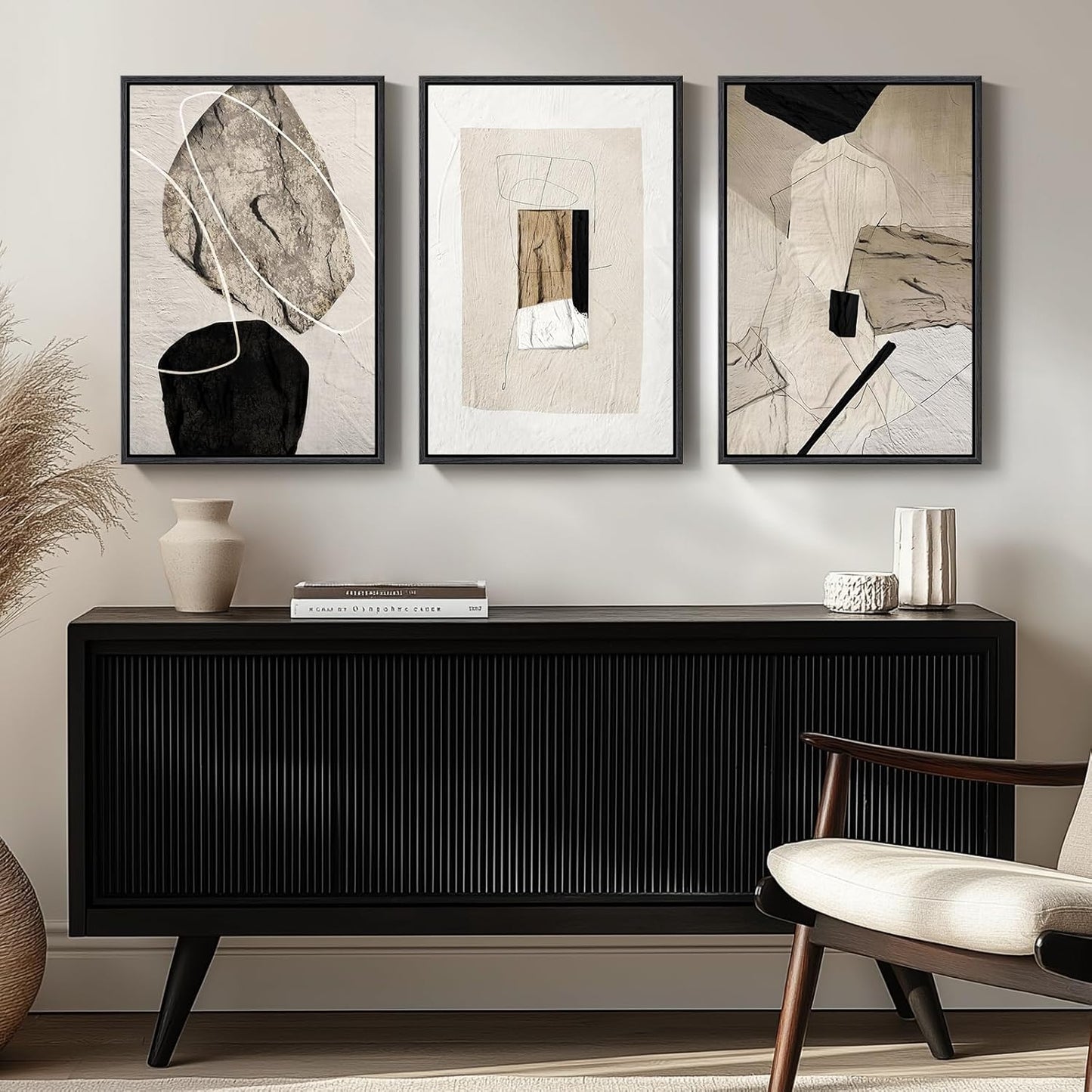 Large Framed Neutral Abstract Wall Art for Living Room, 3 Piece Modern Canvas Prints Paintings Artwork for Walls, Black and Beige Pictures for Living Room Hallway Stair Office Wall Decor 24x36 Inch