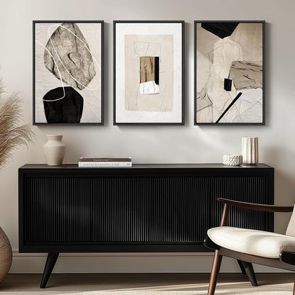 Large Framed Neutral Abstract Wall Art for Living Room, 3 Piece Modern Canvas Prints Paintings Artwork for Walls, Black and Beige Pictures for Living Room Hallway Stair Office Wall Decor 24x36 Inch