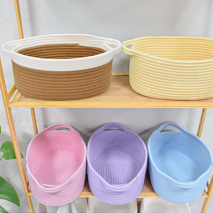 ABenkle Small Basket with Handles, Boho Decorative Rope Woven Dog Cat Toy Storage Bin Shelf Storage Organizer, Easter Christmas Gift Basket, 12"x8"x5", White