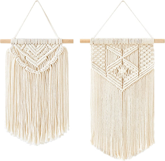 Mkono 2 Pcs Macrame Wall Hanging Boho Wall Art Decor Woven Chic Bohemian Room Decor for Bedroom Nursery Living Room Dorm Apartment, Small Size 13" L x 10" W and 16" L x 10" W