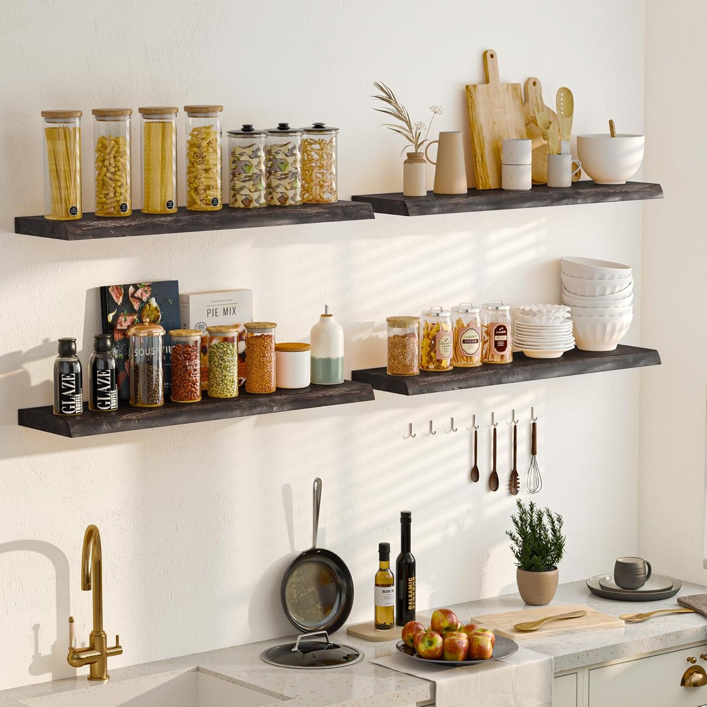 Floating Shelves 36 Inches Long - 8 Inch Deep Rustic Premium Solid Pine Wood for Storage - Farmhouse Wall Mounted for Living Room - Heavy-Duty Metal Bracket - 36" W x 8" D - Set of 2 - White Color