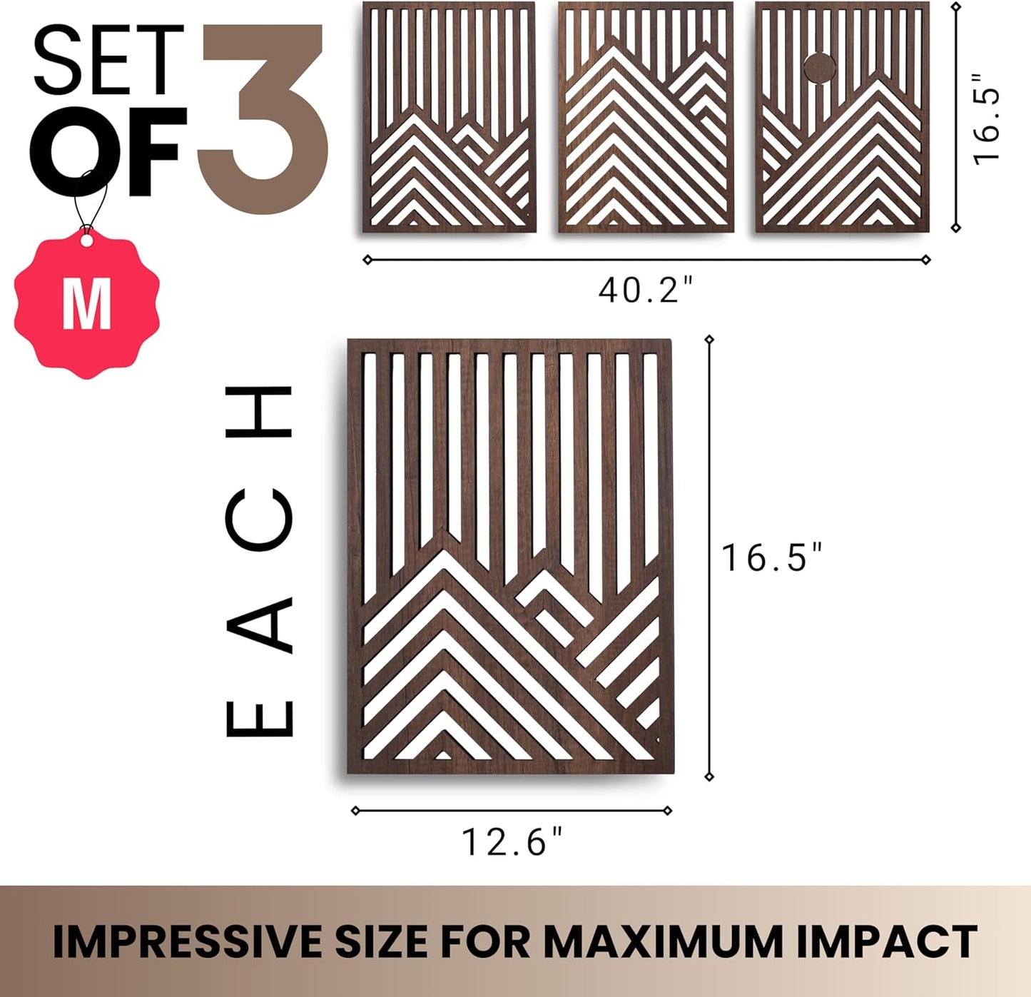 qmmp Modern Wooden Wall Sculptures - Set of 3 - Home Decor Accent - Large Wall Art for Living Room, Bedroom, Office - Easy Installation (Oak, Medium - Mountain and Sun)