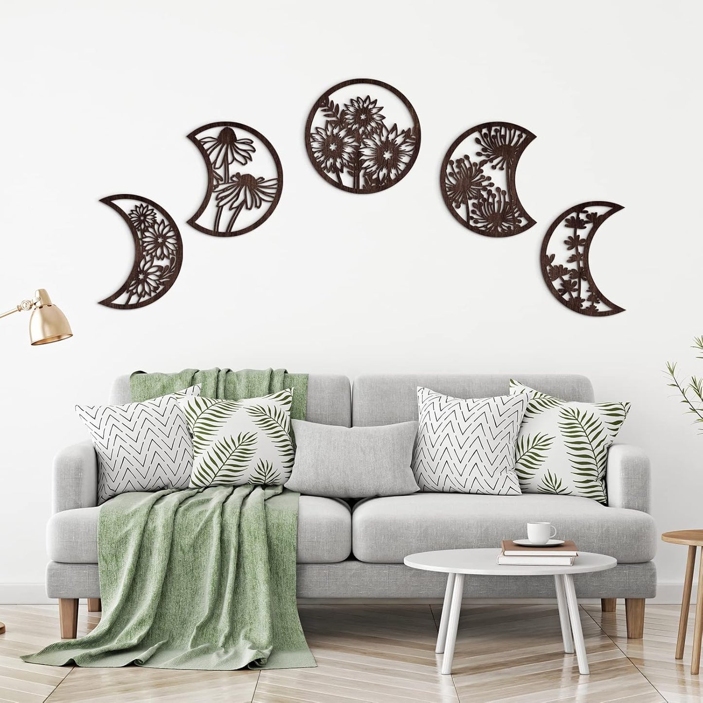 Jetec 5 Pcs Moon Phase Wall Art Decor Wall Pediments Hanging Wooden Phase Spiritual Bedroom Nordic Boho Lunar Aesthetic Art for Living Room Dorm Apartment Ornament(Brown,10.6 Inch,Botanical)