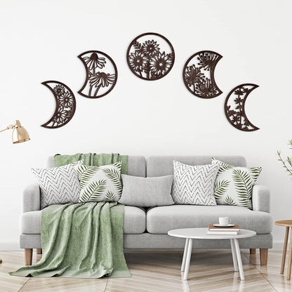 Jetec 5 Pcs Moon Phase Wall Art Decor Wall Pediments Hanging Wooden Phase Spiritual Bedroom Nordic Boho Lunar Aesthetic Art for Living Room Dorm Apartment Ornament(Brown,10.6 Inch,Botanical)