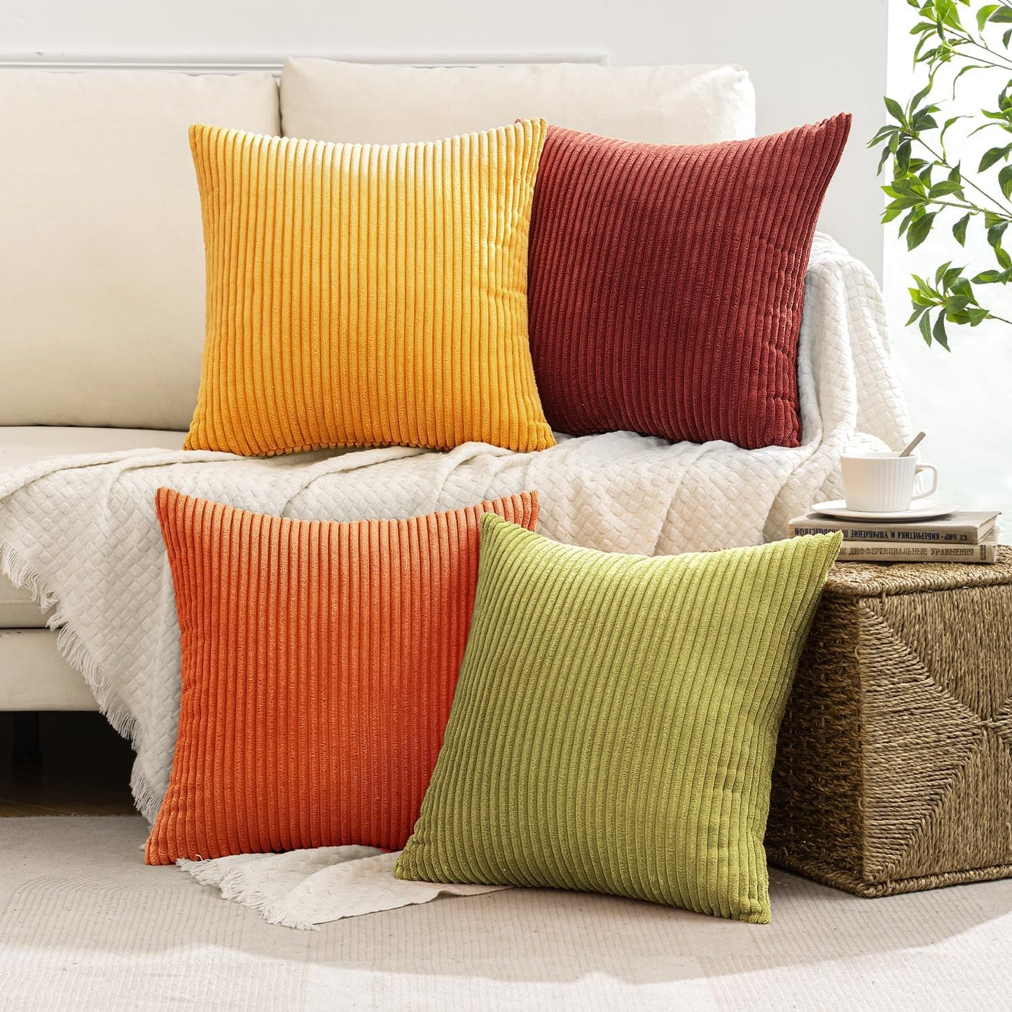 MIULEE Boho Farmhouse Sage Green Throw Pillow Covers 18x18 Inch Set of 4 Mordern Nordic Cushion Covers Soft Corduroy Spring Home Decor for Couch Bed Sofa Living Room Forest Green