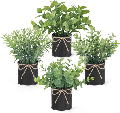Mkono 4 Packs Small Fake Plants in Farmhouse Galvanized Pots Table Centerpiece Mini Potted Artificial Plants Faux Eucalyptus for Shelf Office Rustic Home Decor (White, Mini-6" H)
