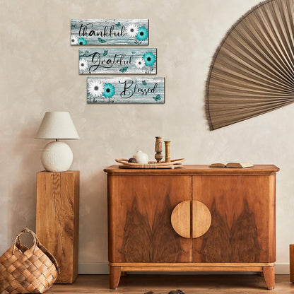 Geetery 3 Pcs Thankful Grateful Blessed Wooden Signs Rustic Daisy Wood Wall Decor Inspirational Wall Art Signs Rustic Wooden Hanging Decorations for Bedroom Kitchen Living Room Bathroom Home (Blue)