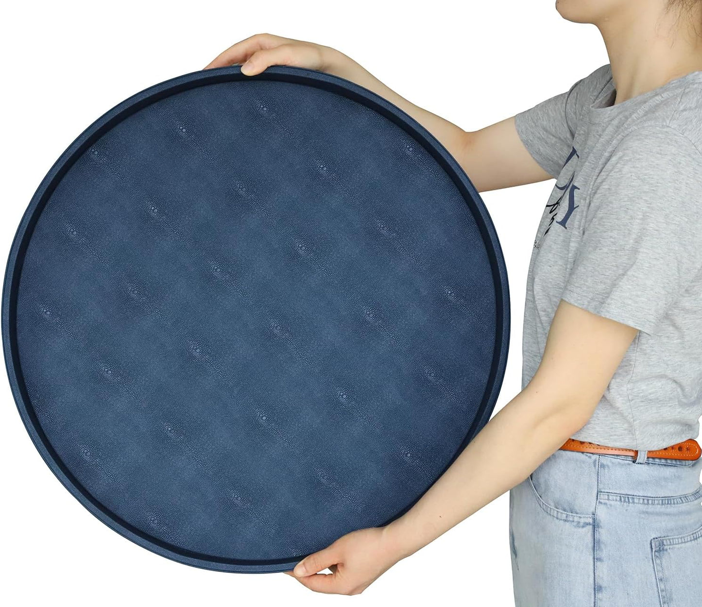 HofferRuffer Round Serving Tray 20'', Elegant Faux Leather Circle Ottoman Table Tray, Serve Tea Coffee Breakfast in Bedroom Living Room Kitchen (Brown)