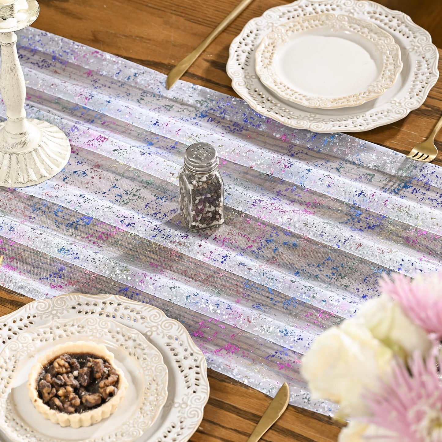 Artoid Mode Beige Gold Gauze Table Runner 120 Inch 10FT, Glitter Metallic Foil Sheer Dining Wedding Anniversary Holiday Birthday Table Decor for Home Party