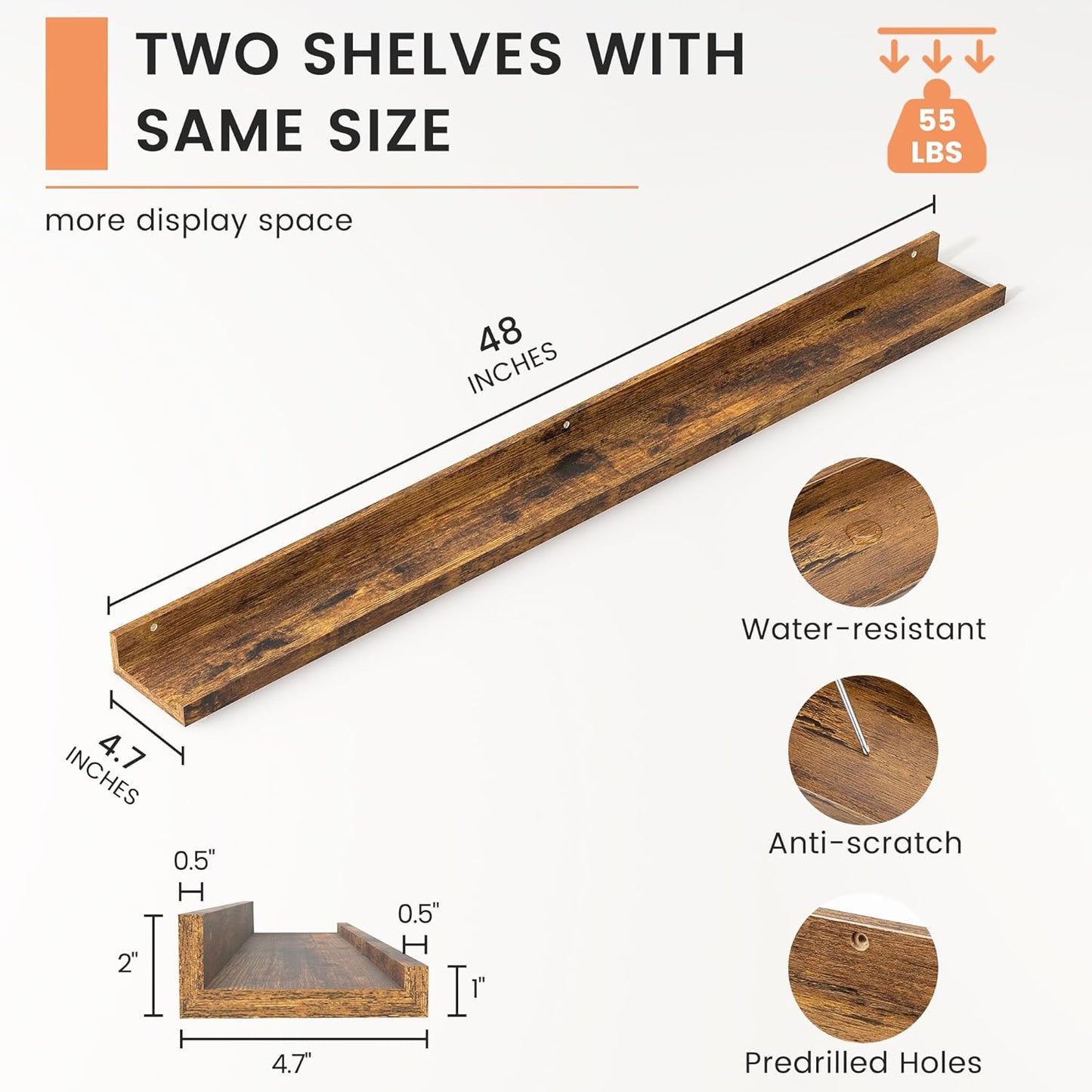 FLYJOE Picture Ledge Shelf, Floating Shelves Set of 2, 48 Inches Long Large Nursery Book Shelves for Toys Storage, Kids Bookshelf Wall Mounted for Living Room Bedroom Decor Books Photo Frames, Walnut