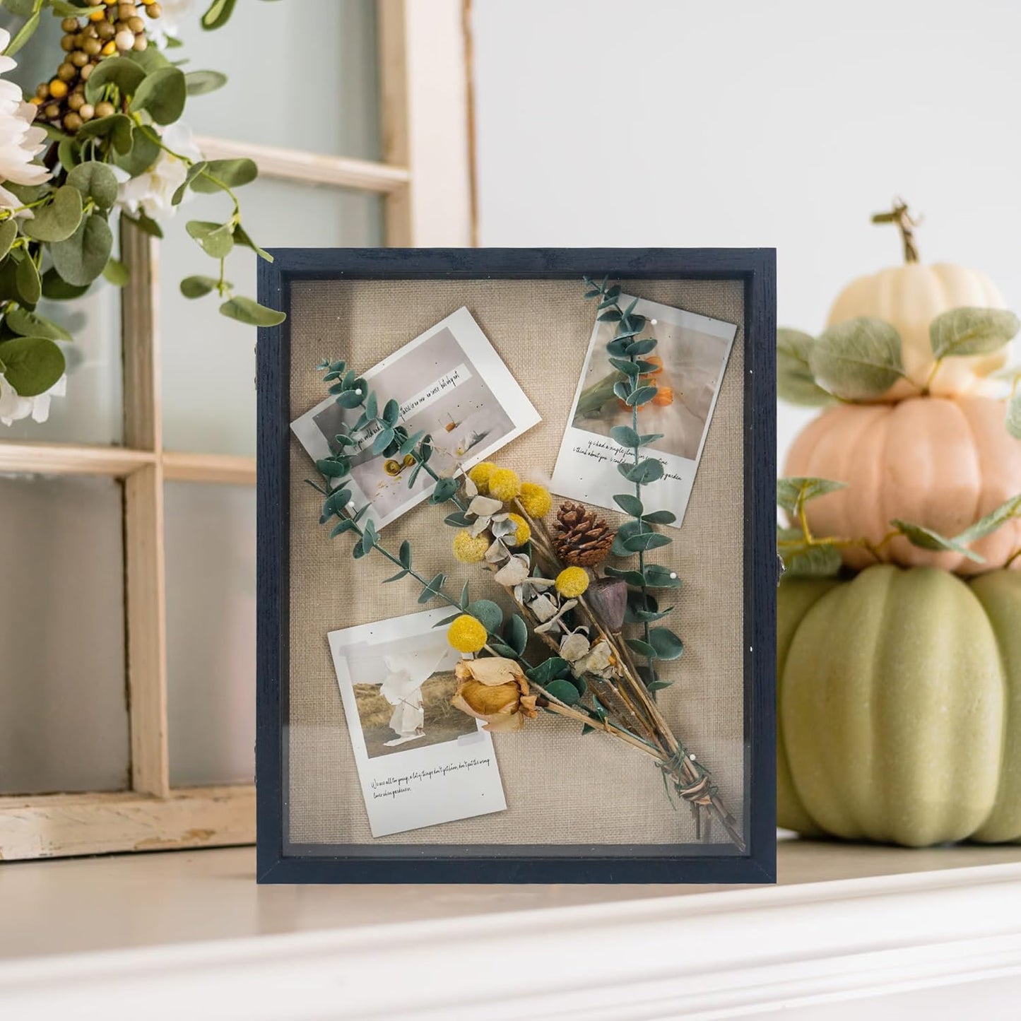 GraduationMall 13x16 Wood Shadow Box Frame Glass Door Display Case with Linen Back and 6 Stick Pins,1.5 inches Interior Depth,Ideal for Memorabilia Pictures Flowers Medals Tickets Rustic White