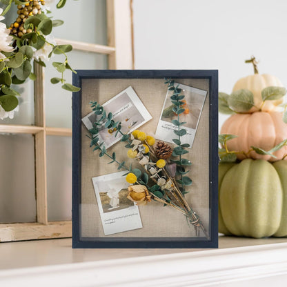 GraduationMall 13x16 Wood Shadow Box Frame Glass Door Display Case with Linen Back and 6 Stick Pins,1.5 inches Interior Depth,Ideal for Memorabilia Pictures Flowers Medals Tickets Rustic White