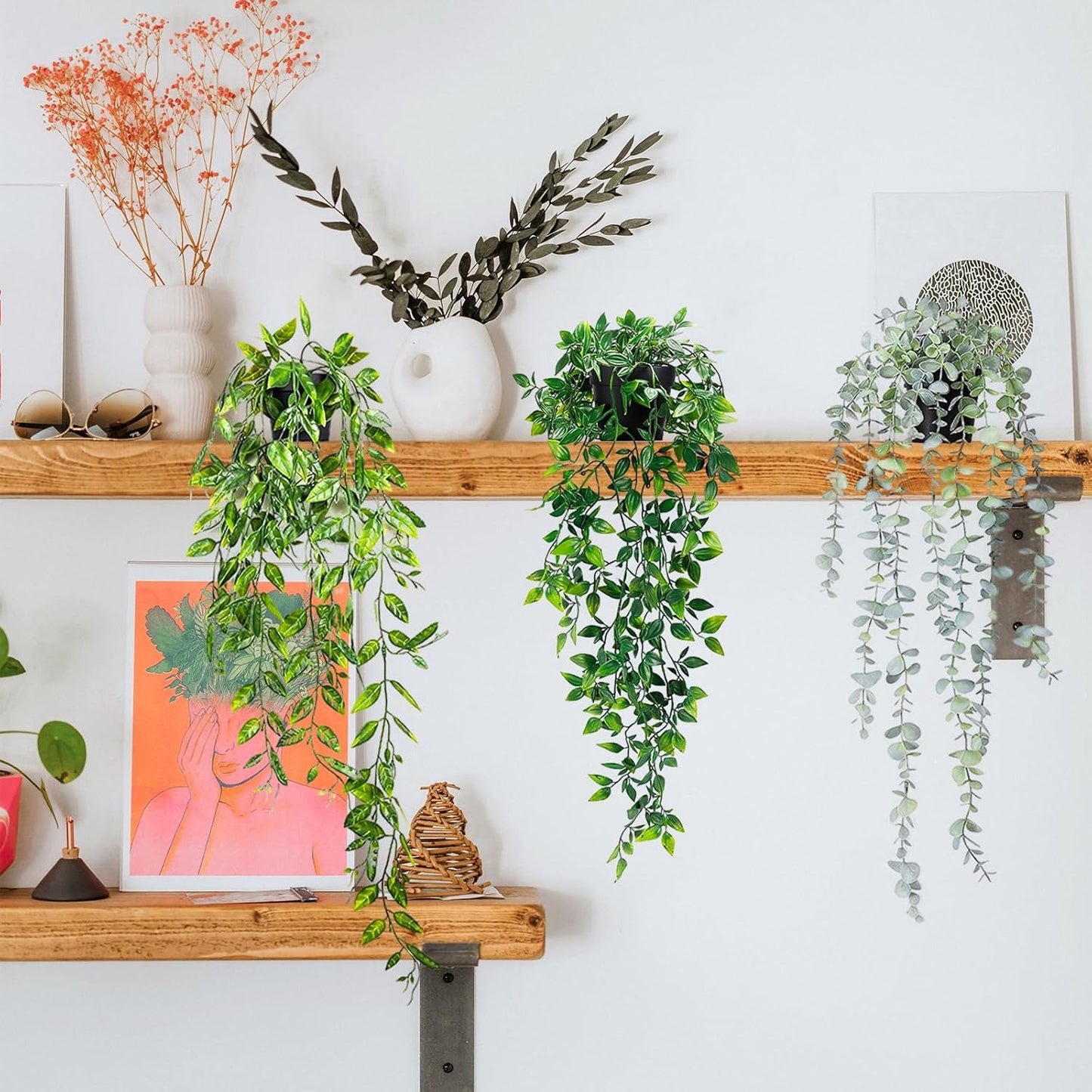 Clearain 1pcs Fake Hanging Plants, Artificial Small Potted Plants, Mini Faux Succulent Plant for Indoor Outdoor Aesthetic Office Living Room Shelf Home Decor (Eucalyptus leaves-1pcs)