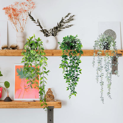 Clearain 1pcs Fake Hanging Plants, Artificial Small Potted Plants, Mini Faux Succulent Plant for Indoor Outdoor Aesthetic Office Living Room Shelf Home Decor (Eucalyptus leaves-1pcs)