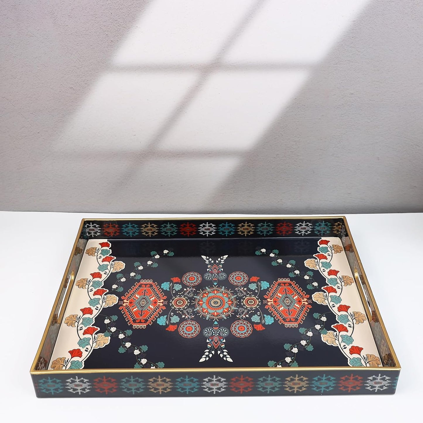 Spsyrine Serving Tray with Handles, Plastic Decorative Tray for Coffee Table, Living Room, Home Decor, Dianthus