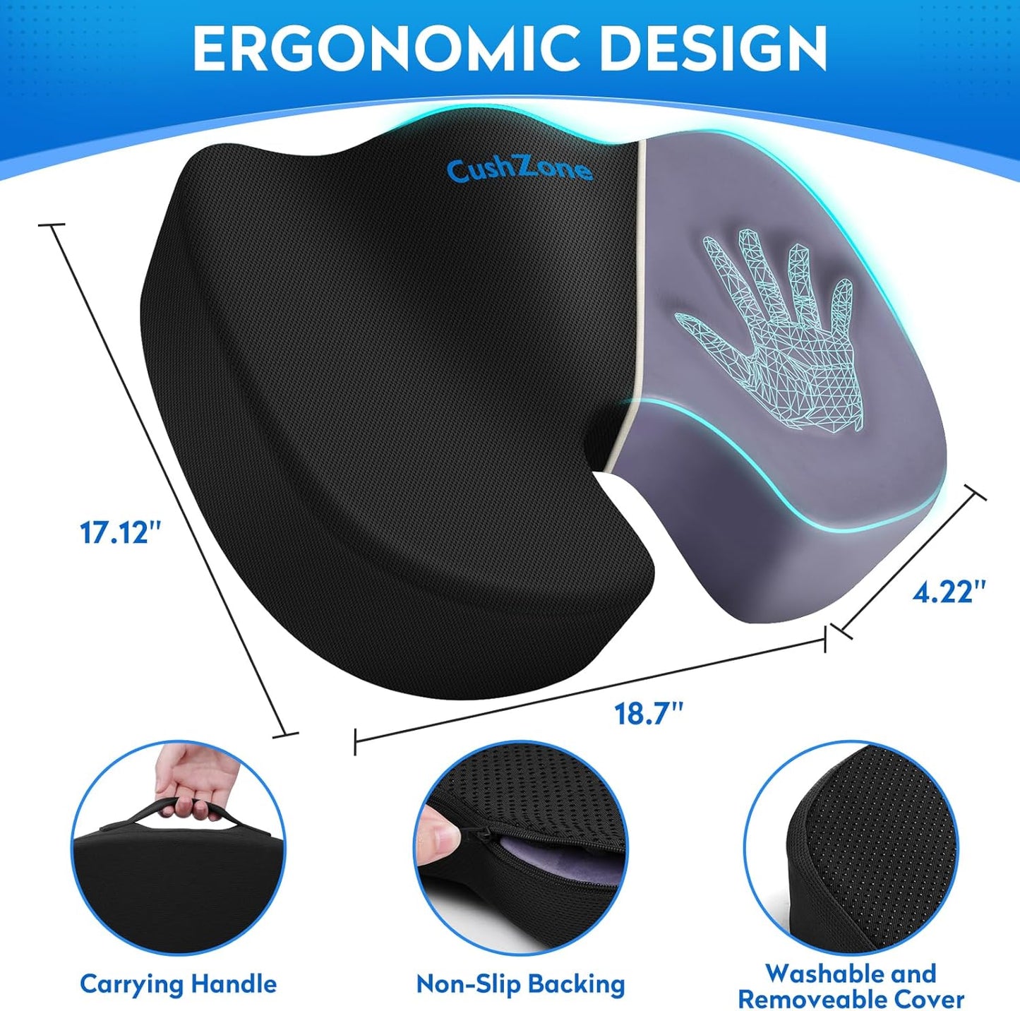 CushZone Seat Cushion - Memory Foam Office Chair Cushion for Sciatica, Tailbone & Back Pain Relief - Orthopedic Coccyx Pillow for Car, Airplane, Pregnancy & Long Sitting at Work, Black