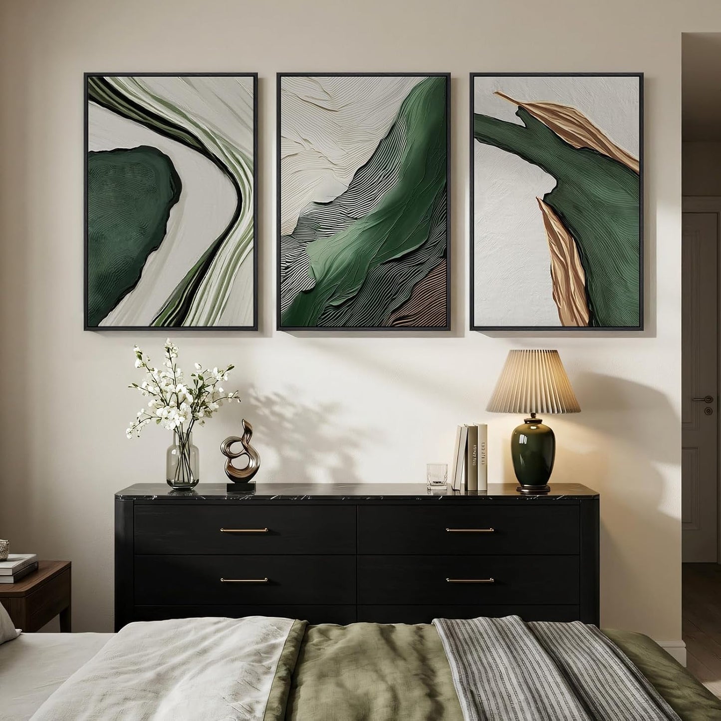Large Framed Abstract Nature Landscape Wall Art for Living Room, Set of 3 Modern Canvas Prints Paintings Artwork for Walls, Green Lake Pictures for Hallway, Dining Room, Office Wall Decor 24x36 Inch