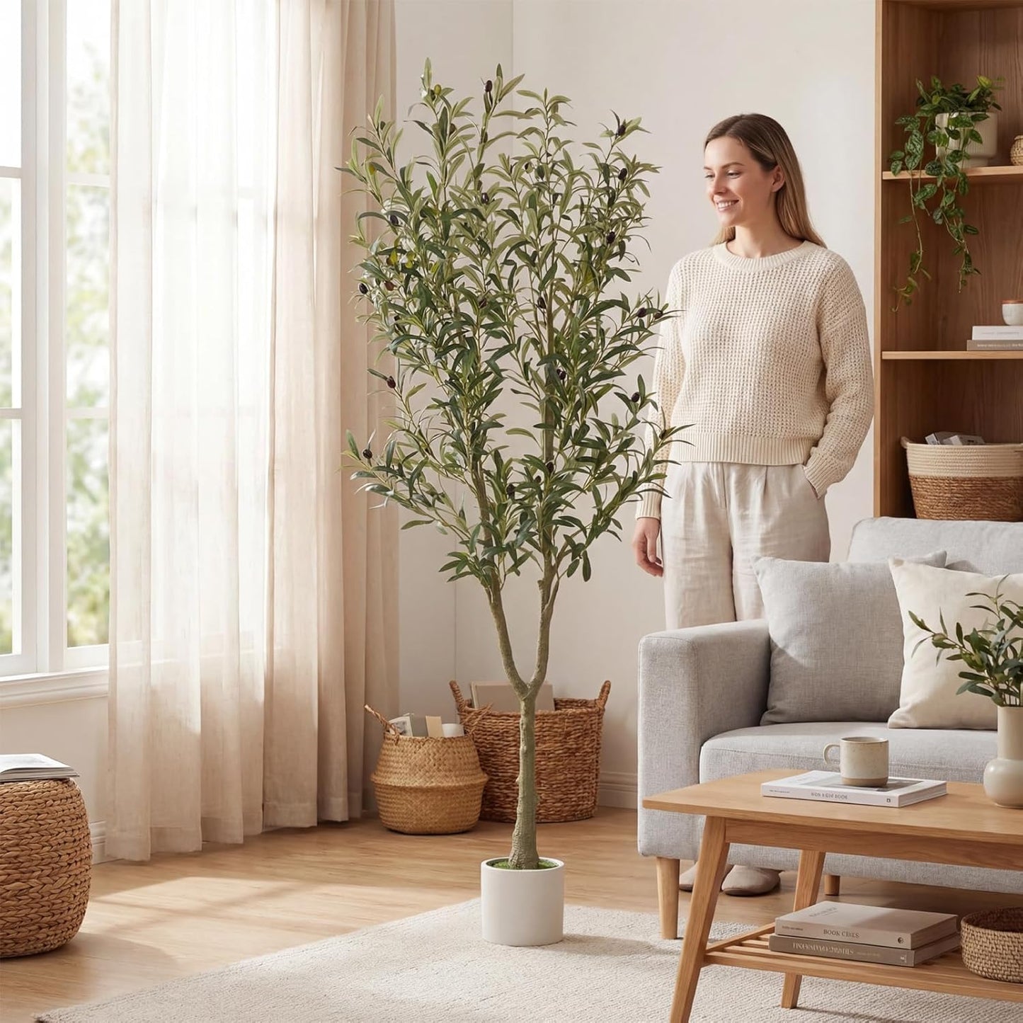 Faux Olive Tree, 5FT Artificial Olive Trees with Lifelike Olive Branches and Fruits, Fake Floor Plants with Pot for Indoor Home Office Living Room Outdoor Decor