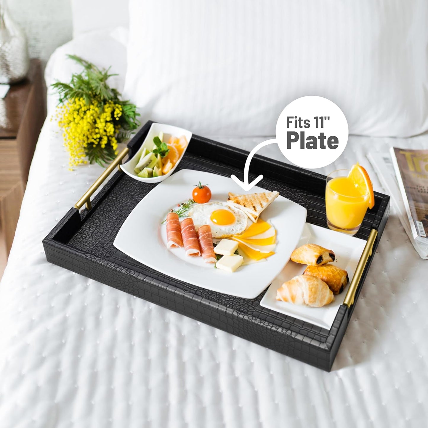 ATZYmolin 17" x 12" Wood Serving Tray with Gold Polished Metal Handles, Home Decorative Wooden Rectangle Ottoman Leather Decor Platter Bathroom Vanity Tray for All Occasions White