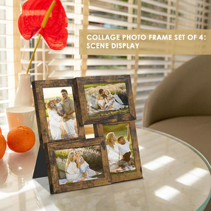 DUENPY 4x6 Collage Picture Frame Tempered Glass Front, Displays Four 4x6 Photo, Family Photo Collage Frame, Wall Decor Wall Hanging or Tabletop, Brown