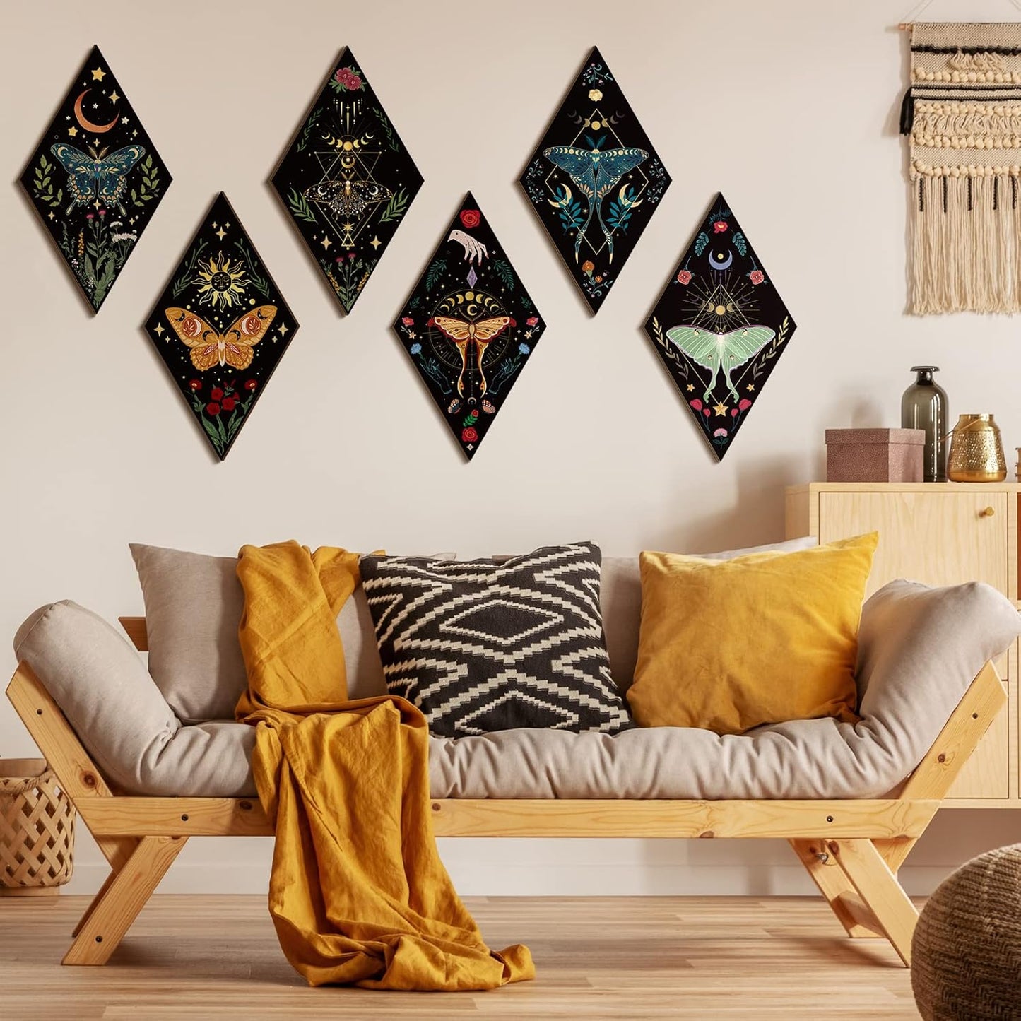 Sintuff 6 Pieces Gothic Wall Decor Boho Sun Moon Phases Wall Art Gothic Minimalist Stars Sun Hanging Wooden Home Decor Farmhouse Pediments for Gallery Living Bedroom Room(Mushroom)