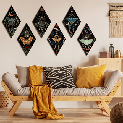 Sintuff 6 Pieces Gothic Wall Decor Boho Sun Moon Phases Wall Art Gothic Minimalist Stars Sun Hanging Wooden Home Decor Farmhouse Pediments for Gallery Living Bedroom Room(Mushroom)