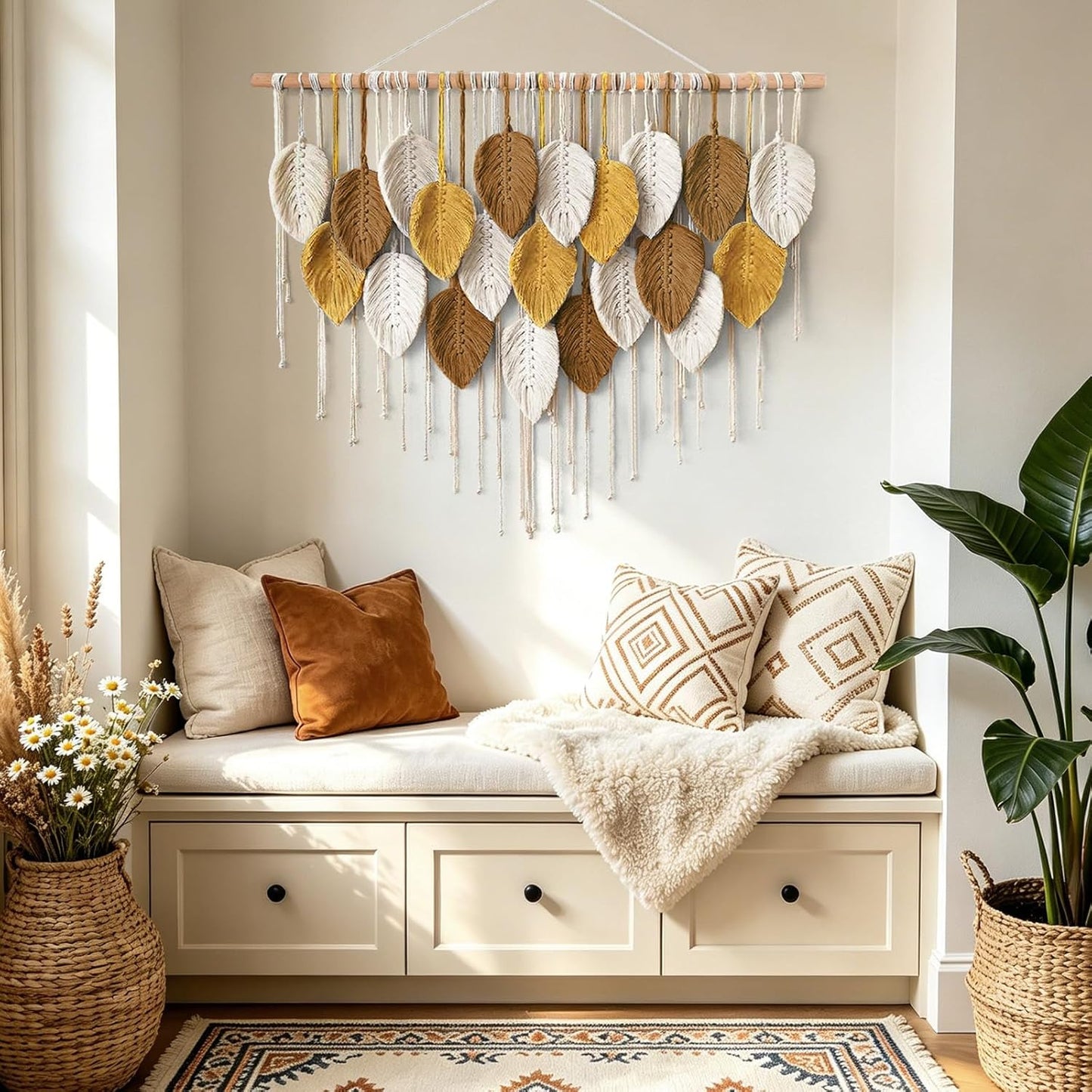Weldomcor Large Macrame Wall Hanging Boho Home Decor, Handmade Bohemian Woven Leaves Macrame Tapestry Modern Aesthetic Chic Wall Art Decorations for Bedroom Living Room Nursery Office 39" W x 29.5" L