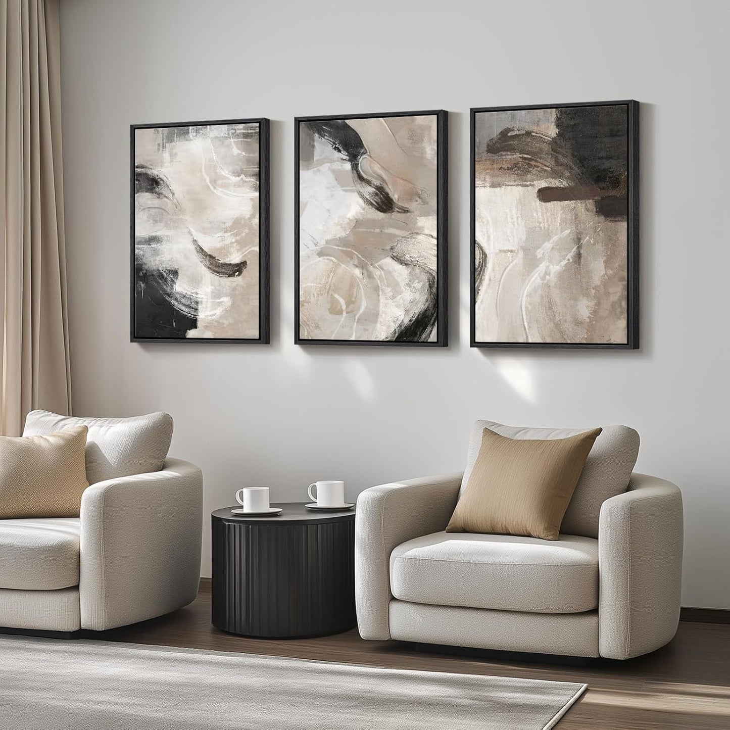 Large Framed Neutral Abstract Wall Art for Living Room, 3 Piece Modern Canvas Prints Paintings Artwork for Walls, Black and Beige Pictures for Living Room Hallway Stair Office Wall Decor 24x36 Inch