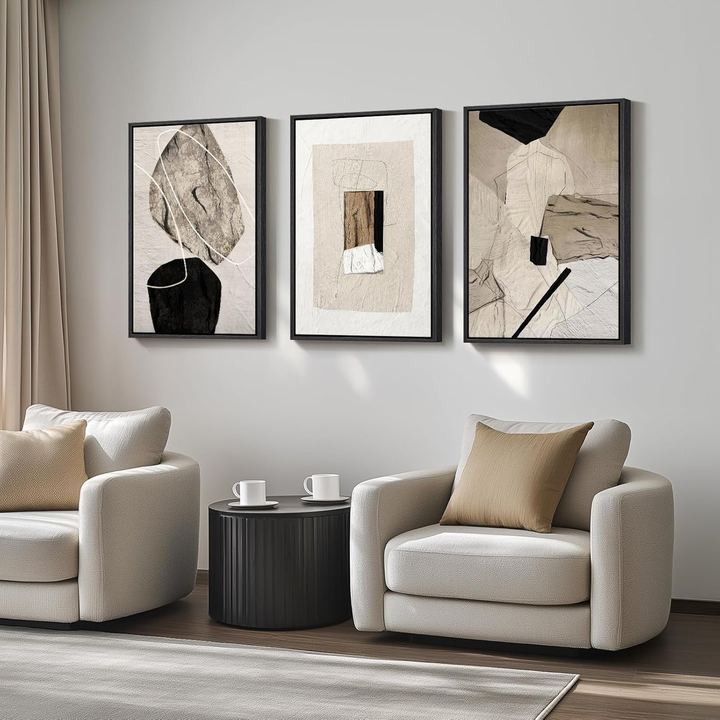 Large Framed Neutral Abstract Wall Art for Living Room, 3 Piece Modern Canvas Prints Paintings Artwork for Walls, Black and Beige Pictures for Living Room Hallway Stair Office Wall Decor 24x36 Inch